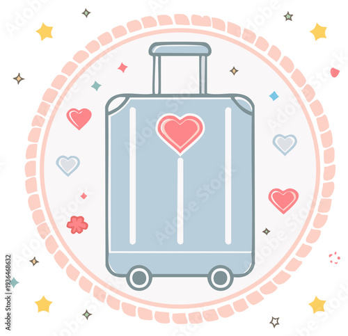Adorable blue travel luggage adorned with hearts, perfect for a romantic getaway or sweet vacation