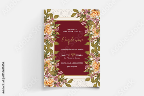WEDDING INVITATION FRAME WITH FLOWER DECORATIONS AND FRESH LEAVES