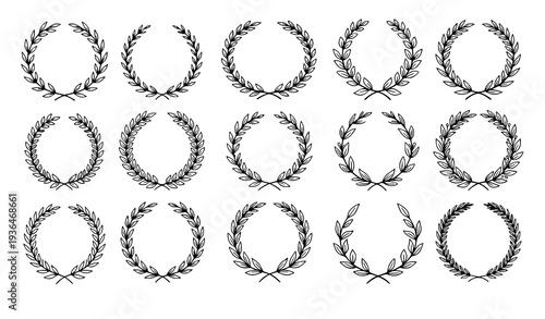 Hand drawn laurel wreath doodle outline set decorative floral frame silhouette vector illustration