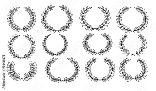 Doodle laurel wreath floral frame set hand drawn outline botanical emblem vector illustration