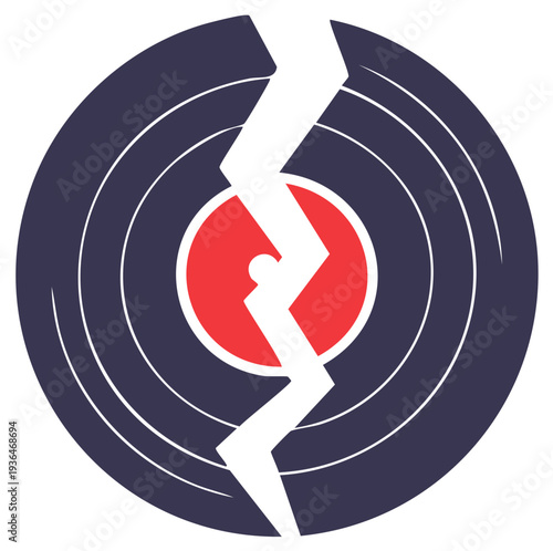 Broken vinyl record illustration with a large jagged crack splitting the disc in half