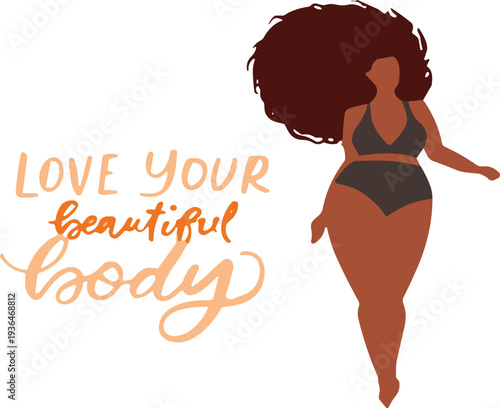 Body positivity illustration with swimsuit figure, inspirational typography artwork, love your body message, self acceptance design, modern motivational decor concept
