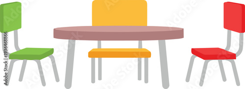 Colorful chairs around modern round table, interior furniture design illustration, educational seating arrangement concept, vibrant home decor inspiration, minimalist artwork