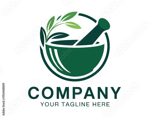 A green logo featuring a mortar and pestle with leaves on a white background