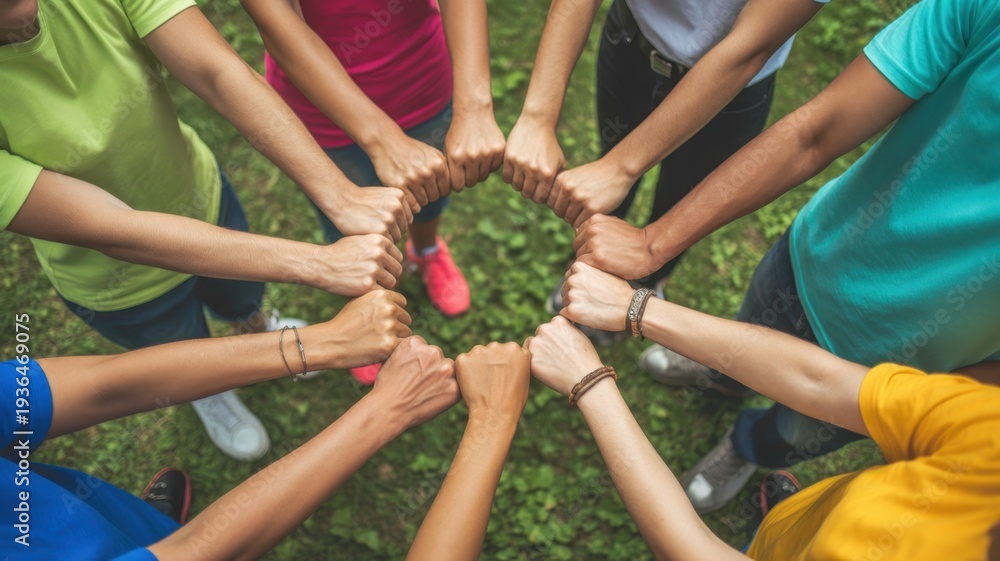 Fototapeta premium Circle of Unity: A circle of hands, diverse in color and form, come together in a symbol of unity, collaboration, and shared purpose.