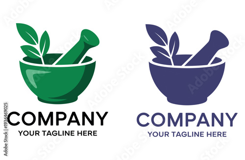 A logo design featuring a mortar and pestle with leaves, symbolizing a company's brand identity in the herbal or pharmaceutical industry.