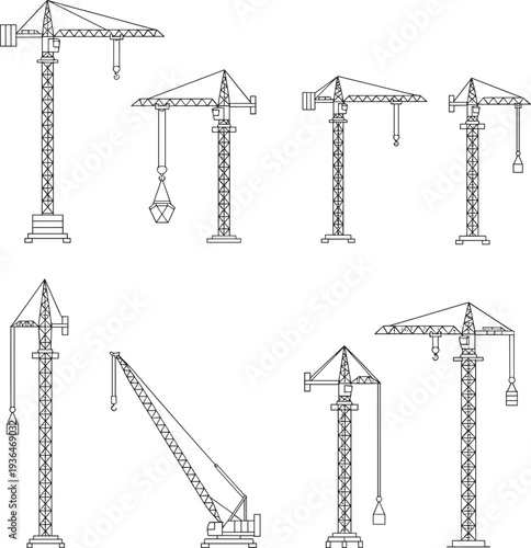 Construction crane technical drawings, engineering illustration, diverse crane designs, lattice tower cranes, solid base cranes, suspended loads, industrial equipment, architecture tools