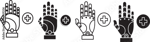 Robotic hands with medical cross symbol for healthcare technology