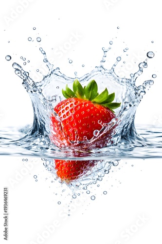 Hyper-realistic Splash of Fresh Red Strawberry Falling into Crystal Clear Water