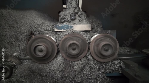 Reinforcing steel bars are rotating in a reducing machine to be cut into wire in an industrial plant.