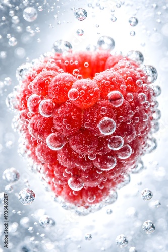 Hyper-realistic macro of a fresh raspberry heart submerged in sparkling carbonated water, artistic AI generation