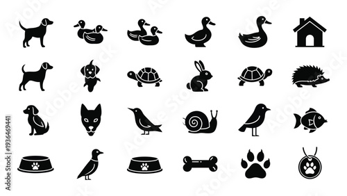 Black and white animal icons on a white background