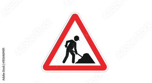 Triangular road warning sign with a red border showing a black silhouette of a person digging with a shovel during road works.