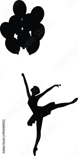 Silhouette dancer with balloons, artistic black white illustration, freedom concept artwork, uplifting minimalist design, inspirational modern decor composition