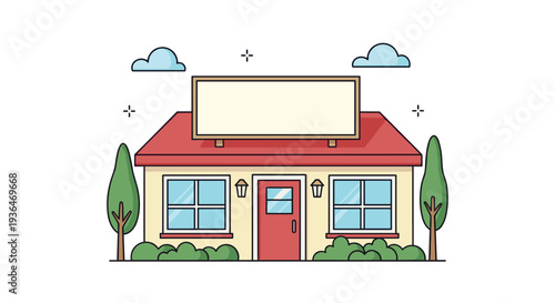 Small shop or bakery building with a large blank billboard on the red roof and green trees on the sides under a bright blue sky.