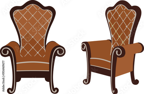 Vintage ornate armchair illustration, classical furniture artwork, diamond pattern upholstery design, elegant seating decor concept, traditional interior design inspiration