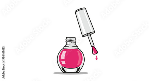 Pink nail polish bottle with an open applicator brush dripping a small drop of lacquer shown in a clean vector style illustration.