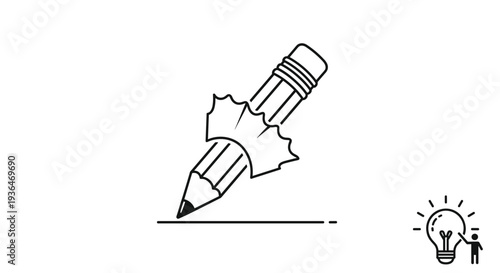 Creative pencil drawing a thick black line on a white surface with a glowing lightbulb idea icon in the bottom corner for inspiration.