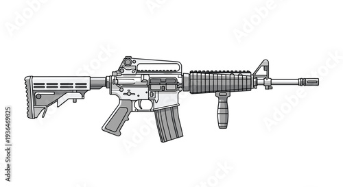 Modern military assault rifle in shades of grey features a tactical grip and adjustable stock for high performance combat situations.