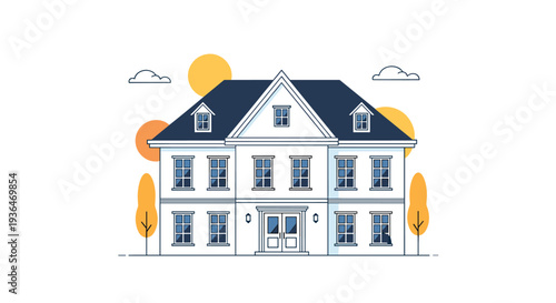 Large two story luxury mansion house illustration with many windows and a gabled roof set against a simple sun and cloud background.