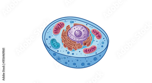 Detailed biological diagram of an animal cell structure showing the nucleus, mitochondria, and cytoplasm in vibrant purple and blue colors.