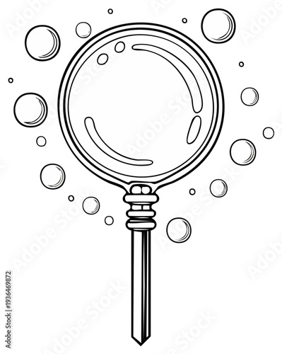 Outline Illustration of Magnifying Glass with Bubbles for Education, Research, and Exploration
