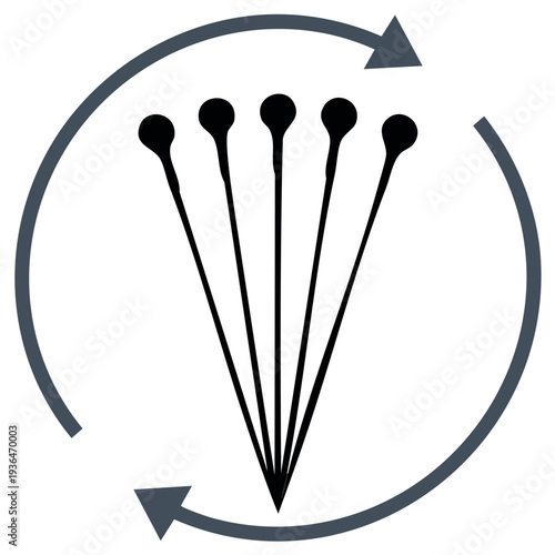 Black minimalist pointed needles within a circular arrow cycle symbolizing continuous process and focus