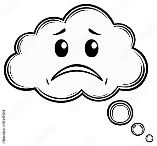 Sad Cloud with Thinking Bubble Outlined Cartoon Illustration Vector
