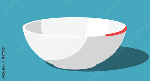 Simple empty white ceramic bowl sits on a solid blue background with a subtle red detail on the rim for a clean minimalist kitchen look.