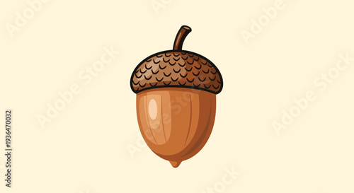 Single brown acorn with a textured cap and smooth nut shell represents the potential of a large oak tree during the autumn season.