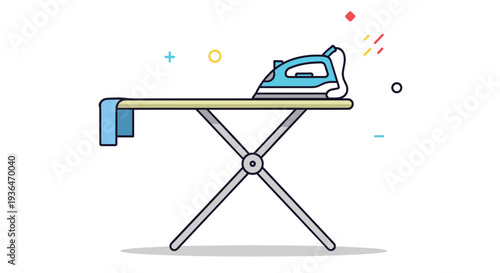 Blue electric steam iron rests on a wooden ironing board with abstract colorful shapes in the background for a modern laundry concept.