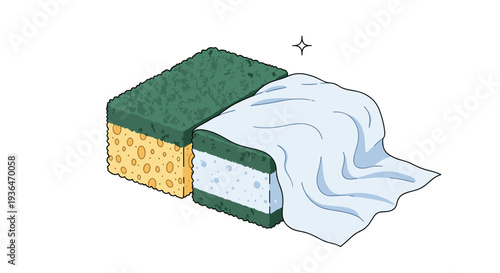 Yellow kitchen sponge with a green abrasive scrub pad and a white cleaning cloth represents household chores and hygiene maintenance.