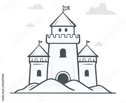Fantasy fairytale castle with towers and flags on a hill under clouds