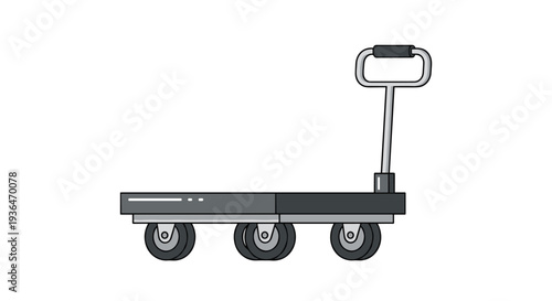 Heavy duty flatbed platform trolley with a silver handle and six wheels stands ready for moving cargo in a warehouse or retail store.