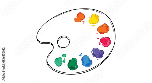 Traditional wooden artist palette with a thumb hole features several blobs of bright colorful paint for creative artistic expression.
