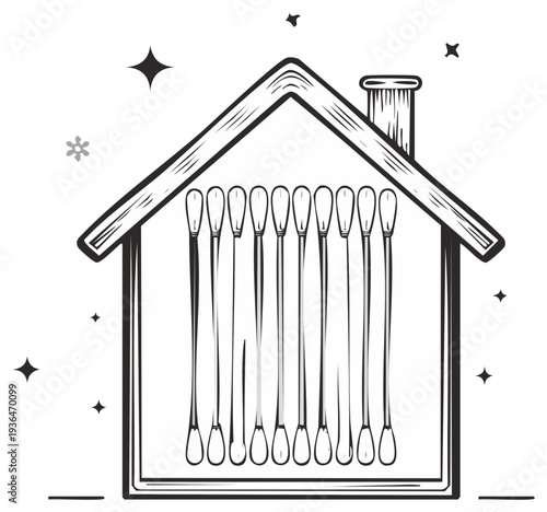 Conceptual illustration of a house with cotton swabs inside, symbolic of health, care, and cleanliness