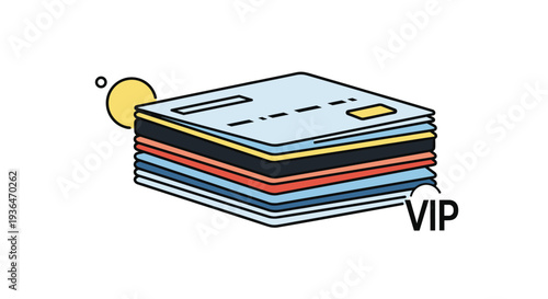 Stack of multiple credit and debit cards in different colors with a VIP label and abstract sun icon for finance and banking concepts.