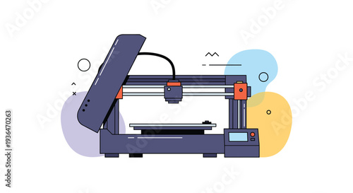 Modern 3D printer illustration showing the printing mechanism and frame with abstract design elements on a white background.