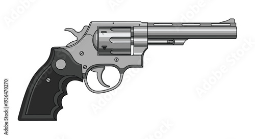 Detailed illustration of a silver revolver handgun with a black grip showing its classic design for self defense or security.