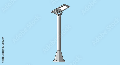 Modern solar powered street lamp with an integrated solar panel and LED light on a tall post over a light blue background.