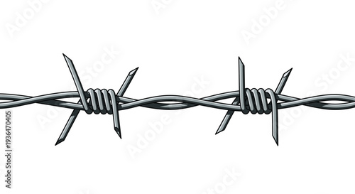 Close up illustration of a strand of steel barbed wire with sharp thorns on a white background for security and boundary concepts.