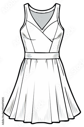 Line drawing of a classic elegant sleeveless dress with pleated skirt and wrap bodice