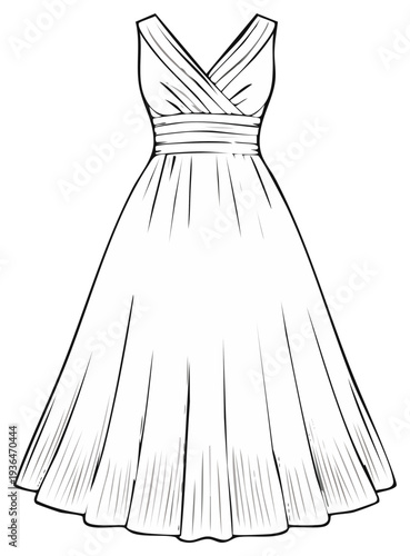 Elegant Dress Illustration with VNeck, Cinched Waist, and Full Skirt, Fashion Design Template for Apparel Sketches