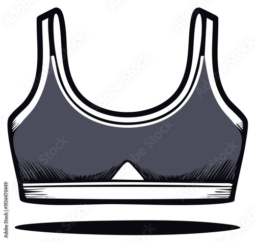 Hand-drawn illustration of a grey sports bra with white trim and black outline