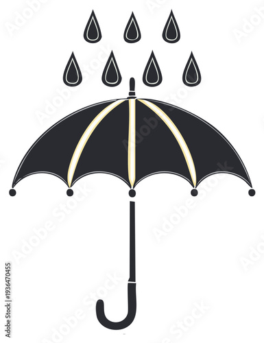A simple illustration of a dark umbrella providing shelter from falling raindrops against a clean white backdrop, cartoon style symbol