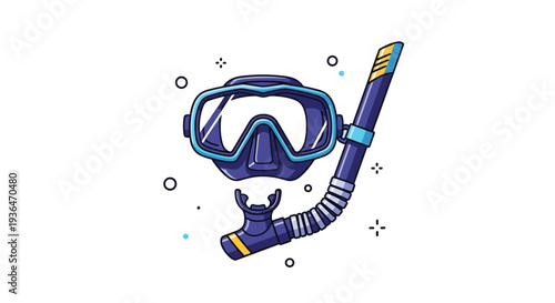 Blue diving mask and snorkel set with abstract decorative bubbles and stars isolated on a white background for underwater sports.