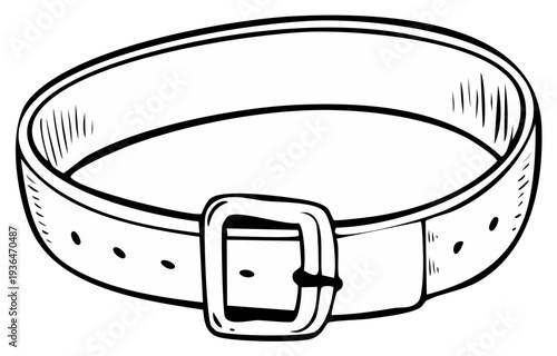 Hand-drawn illustration of a classic leather belt with a square buckle, isolated on white