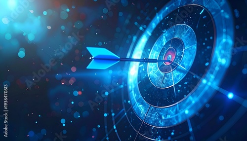 Futuristic target with arrow in the bullseye representing accuracy, focus, data-driven strategy, and performance optimization.