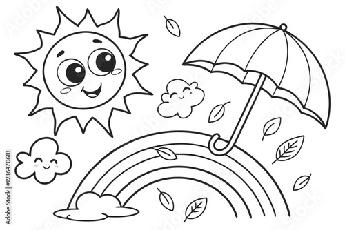 cute chibi weather characters smiling sun, shy raincloud with umbrella, giggling rainbow, windy breeze with leaves, coloring page for children, thick black lines, no shading, white background --style 