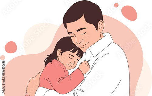 Heartwarming illustration of a loving father tenderly cradling his sleeping daughter, depicting their precious bond, parental affection, and serene family togetherness